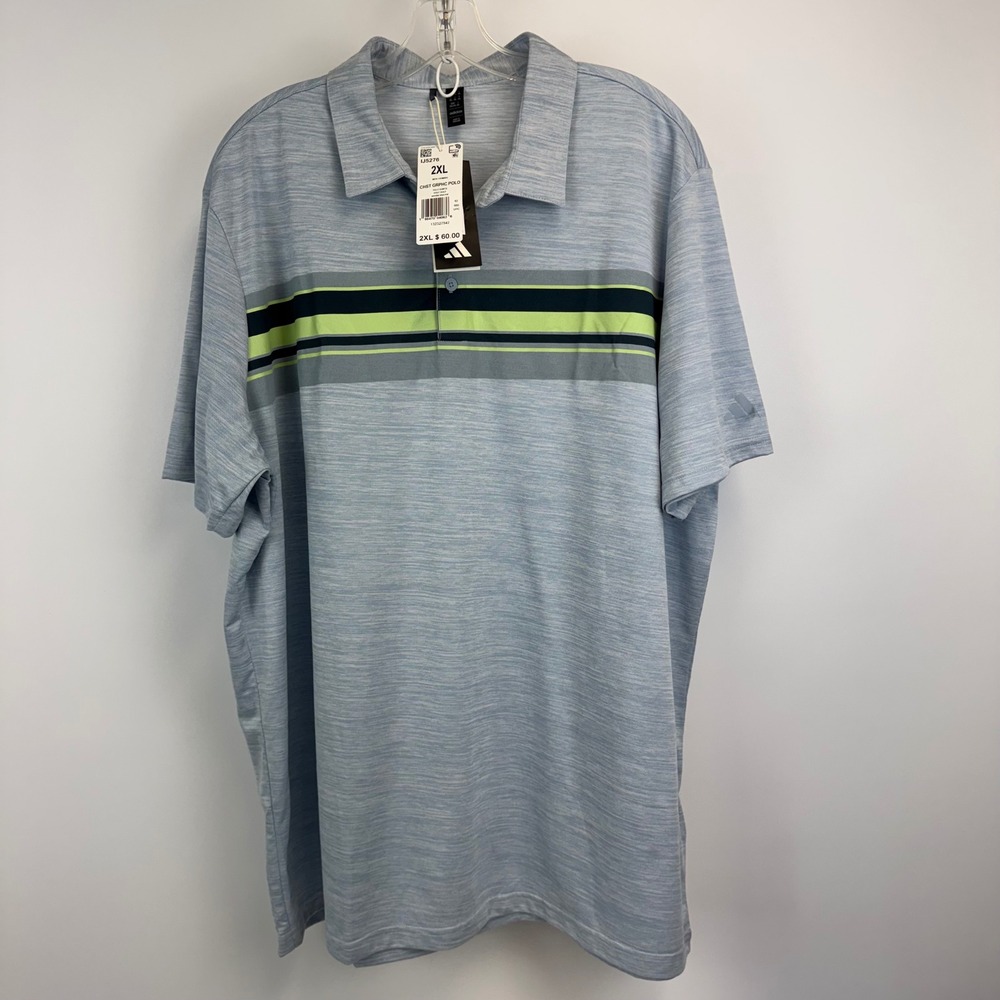 Adidas Mens Chest Graphic Golf Polo Shirt Wonder Blue Melange IJ5276 2XL NWT
